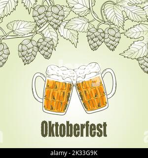 Oktoberfest Grußkartendesign. Bierfestival. Poster mit einer Tasse Bier und Hopfenzweigen. Vektordarstellung Stock Vektor