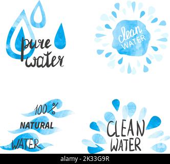 Satz handgezeichneter Aquarellsymbole und Zeichen von reinem Wasser. Vektorsammlung von Aqua-Etiketten Stock Vektor