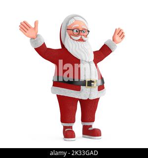 Happy Christmas und Neujahrsgrüßungskonzept. Cartoon fröhlich Santa Claus Grana in Händen nach oben Pose auf weißem Hintergrund. 3D Rendering Stockfoto