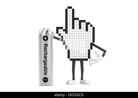 Pixel Hand Cursor Maskottchen Person Charakter mit Akku auf weißem Hintergrund. 3D Rendering Stockfoto