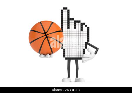 Pixel Hand Cursor Maskottchen Person Charakter mit Basketball Ball auf weißem Hintergrund. 3D Rendering Stockfoto