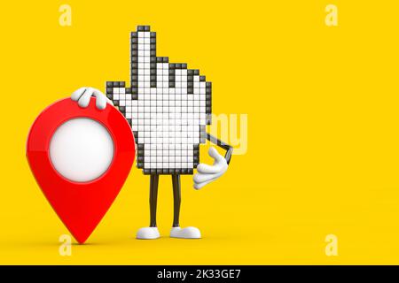 Pixel Hand Cursor Maskottchen Person Charakter mit roten Karte Zeiger Ziel Pin auf einem gelben Hintergrund. 3D Rendering Stockfoto