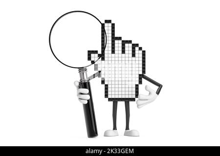 Pixel Hand Cursor Maskottchen Person Charakter mit Vergrößerungsglas auf weißem Hintergrund. 3D Rendering Stockfoto