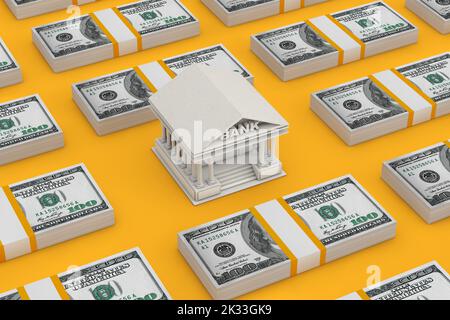 Reihen Isometrischer Scheine stapeln hundert Dollar-Scheine mit Bankgebäude auf einem gelben Hintergrund. 3D Rendering Stockfoto