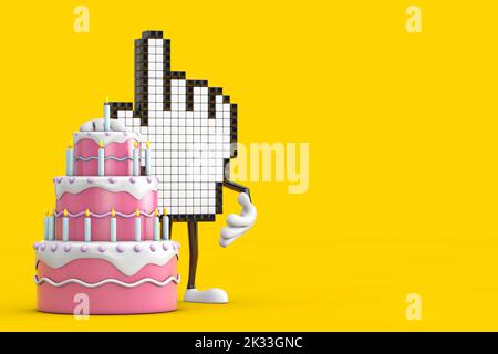 Pixel Hand Cursor Maskottchen Person Charakter mit Geburtstag Cartoon Dessert Tiered Kuchen und Kerzen auf einem gelben Hintergrund. 3D Rendering Stockfoto
