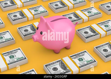 Reihen Isometrischer Scheine stapeln 100 Dollar-Scheine mit Piggy Bank auf gelbem Hintergrund. 3D Rendering Stockfoto