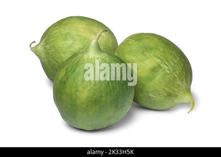 Ganze frische italienische Cumelo-Frucht, Barattiera, isoliert auf weißem Hintergrund aus nächster Nähe Stockfoto