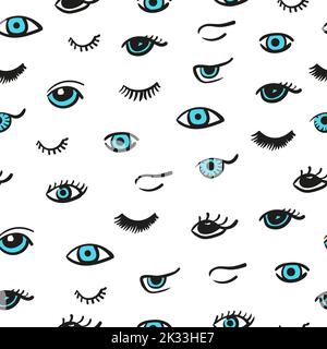 Doodle Eyes Nahtloses Muster. Vektor-Hintergrund mit niedlichen blauen Augen und Wimpern Stock Vektor