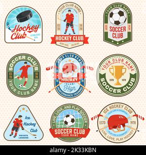 Logo des Eishockey-Clubs und des Fußballclubs, aufgesticktes Abzeichen. Sport Sticker Pack mit Spieler, Ball, Aufkleber, Puck und Skates Silhouette. Vektor. Stock Vektor