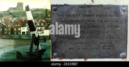 Ein Vintage-Bild eines Ankers und einer beschreibenden Gedenktafel am Tate Hill Pier, Whitby, North Yorkshire. Im Hintergrund ist die Pfarrkirche St. Maria zu sehen. Die Inschrift lautet: „ Dieser alte Holzlageranker wurde am 19.. November 1981 aus einem Gebiet vor Maw Wyke in den Netzen des Ocean Venture von Whitby aufgezogen und der Stadt von ihrem Skipper J. Hebden und der Besatzung überreicht. Stockfoto