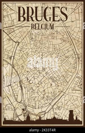 Braun vintage handgezeichneten Ausdruck Straßen Netzwerk Karte der Innenstadt VON BRÜGGE, BELGIEN mit braunen Stadt Skyline und Schriftzug Stock Vektor