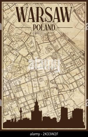 Braun vintage handgezeichneten Ausdruck Straßen Netzwerk Karte der Innenstadt VON WARSCHAU, POLEN mit braunen Stadt Skyline und Schriftzug Stock Vektor