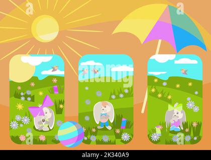 Postkartenkaninchen sonnen sich und spielen unter der hellen Sonne auf einer Lichtung Stock Vektor