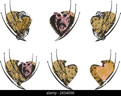 Dekorative Herzen in schwarz-golden-rosa Tönen isoliert auf Weiß. Abstrakte gotische Symbole der Liebe zu Feiertagen oder Veranstaltungen, Textilien, Stoff oder Drucke Stockfoto