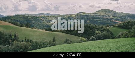 Lichter und Schatten auf dem Waldboden, den Hügeln und den kultivierten Feldern im Zena-Tal. Pianoro Gemeinde, Provinz Bologna, Emilia-Romagna, Italien. Stockfoto