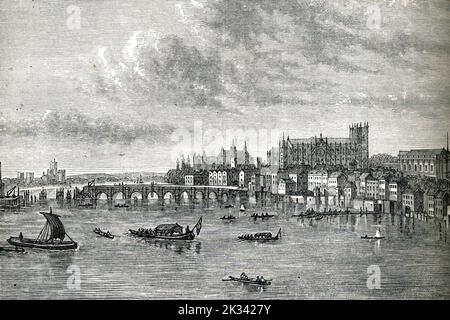 Themse und Westminster Bridge. London Skyline mit Westminster Abbey Waterway geschäftige Schiffe und Frachtschiffe 19. Jahrhundert Illustration Stockfoto