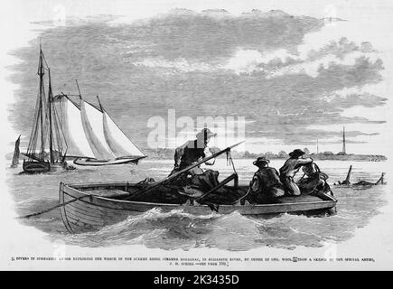 Taucher in U-Boot-Rüstung erkunden das Wrack des versunkenen Rebel-Dampfschiffes Merrimack im Elizabeth River im Auftrag von General John Ellis Wool. Juni 1862. Illustration des amerikanischen Bürgerkriegs des 19.. Jahrhunderts aus Frank Leslie's Illustrated Newspaper Stockfoto