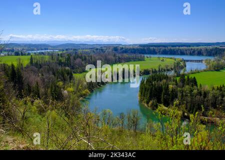 Lech mit Epfach, über die Lech-Schleife bei Reichling, Pfaffenwinkel, Oberbayern, Bayern, Deutschland Stockfoto