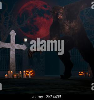 Illustration eines Werwolf in der Nacht auf dem gruseligen Friedhof mit einem großen Blutmond - 3D Rendering Stockfoto