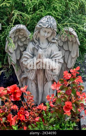 Grab mit Blumenschmuck, Gebetsengel und vielbeschäftigter lizzie (Impatiens walleriana), Allgäu, Bayern, Deutschland Stockfoto