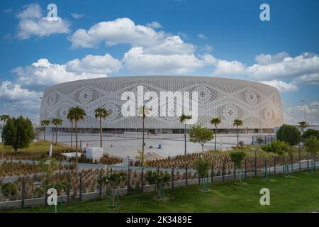 Al Thumama Stadium, einer der Austragungsorte des Fußballturniers der FIFA Fußball-Weltmeisterschaft 2022 in Katar. Stockfoto