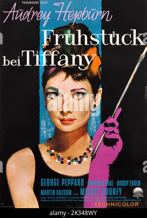 Vintage 1960s Film Poster - FRÜHSTÜCK IM TIFFANY'S. Mit Audrey Hepburn als Holly Goligly Stockfoto