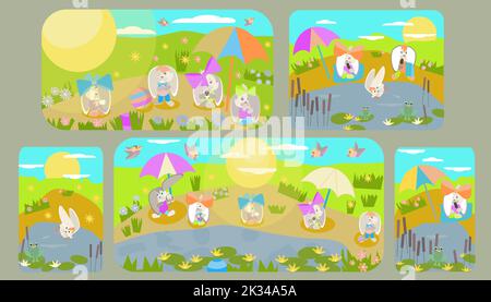 Postkartenkaninchen sonnen sich und spielen unter der hellen Sonne auf einer Lichtung Stock Vektor
