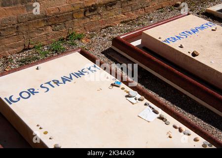 Grab von Igor Strawinsky 1882-1971, Komponist und Dirigent, und seine Frau, Friedhof Insel San Michele, Venedig, Venetien, Italien Stockfoto