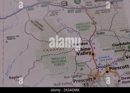 Chino Valley Arizona und Paulden Arizona auf einer State Roadmap. Stockfoto