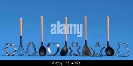 Set aus Plätzchenausstechern aus Metall und Küchenutensilien aus Holz auf blauem Hintergrund. 3D Wiedergabe von Küchengeräten und Zubehör für das Kochen Stockfoto