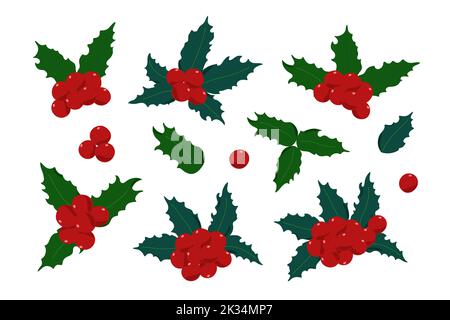 Holly-Pflanzen-Set, rote Beeren, Blätter traditionellen Winterurlaub Vektor-Illustration, Weihnachts-Symbol, Dekor für Ende des Jahres Feiern und Familienfeiern, festliche Stimmung einfaches Muster Stock Vektor