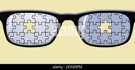 Ein Puzzle spiegelt sich in einer Brille in dieser 3-d-Abbildung wider. Stockfoto