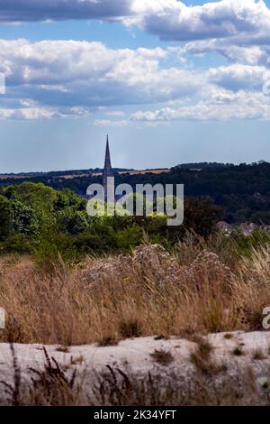 Blick auf den Turm der Kathedrale von Salisbury vom Castle Hill Country Park, Wiltshire, England Stockfoto