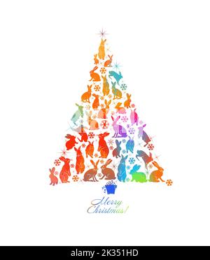 Baum der Hasen. Frohes Neues Jahr 2023. Wunderschöne weihnachtskarte. Vektorgrafik Stock Vektor