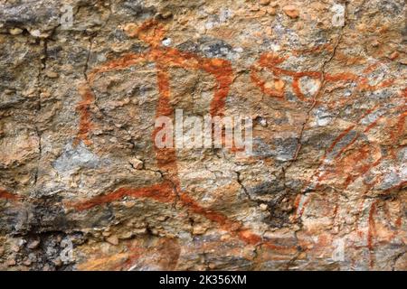 Felskunst der Aborigines: Mimih-Geistermalerei – Schutz vor Anbangbang. Burrungkuy site-Kakadu-Australia-201 Stockfoto