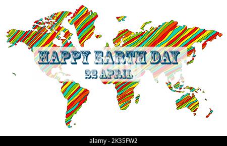 Weltkarte mit Darstellung des Happy Earth Day am 22. April 3D Stockfoto