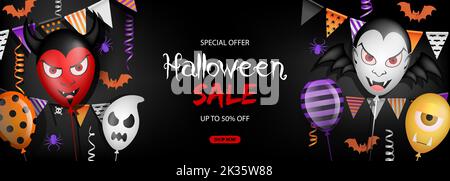 Halloween Sale Banner mit bunten Luftballons und Wimpel Stock Vektor