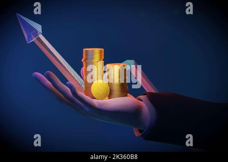 3D Illustration , 3D Rendering , Geschäftsmann Hand auf Wachstumspfeil Symbol Geschäft nach oben Hintergrund des Erfolgs Grafik Finanzgewinn Aktiendiagramm Stockfoto