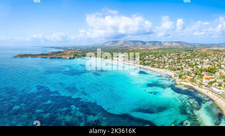 Luftaufnahme mit Fontane Bianche Strand, Insel Sizilien, Italien Stockfoto