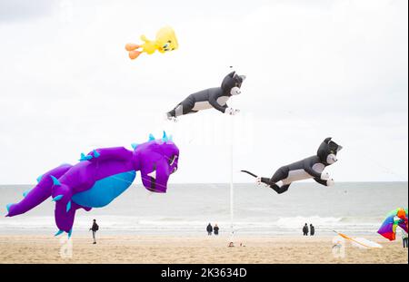 Den Haag, Niederlande. 24. September 2022. Drachen schweben am 24. September 2022 während eines Drachenfestivals in Den Haag, Niederlande, über dem Strand. Quelle: Sylvia Lederer/Xinhua/Alamy Live News Stockfoto