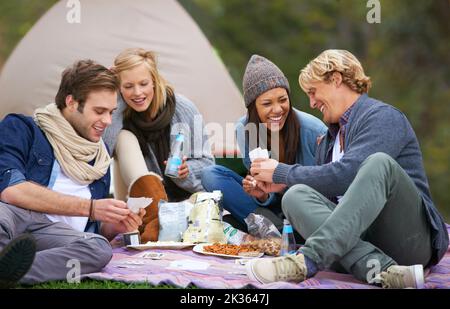 Jung, frei und genießen Sie die freie Natur. Eine Gruppe von Freunden genießt gemeinsam ein Picknick im Freien. Stockfoto