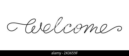 Willkommen bei einer editierbaren Konturzeile mit kalligrafischer Phrase. Werbung Schild Monoline Titel. Home Dekor lineare Inschrift. Einladung Hauswarming Banner, Scrapbook Stempel Folie diy Gravur Stock Vektor