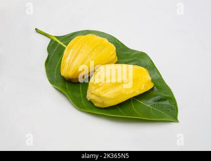 Zwei Jackfruitkerne auf weißem Hintergrund. Beliebte süße Sommer erfrischende Früchte von Bangladesch, Indien, Thailand und anderen Teilen Asiens. Stockfoto