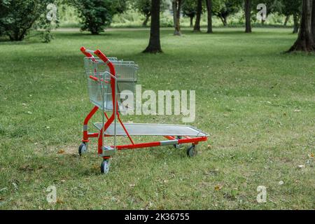 Verlassene Einkaufswagen im Park. Roter Korb in einem leeren Korb auf grünem Gras. Stockfoto