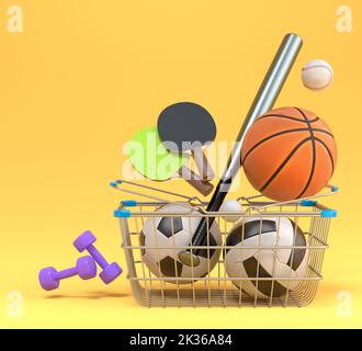 Set von Sportgeräten für Basketball, american Football, Tischtennis und Golf im Warenkorb auf blauem Hintergrund. 3D Rendering von Sportzubehör Stockfoto