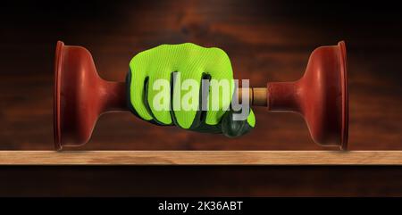 Hand mit grünem und schwarzem Arbeitsschutzhandschuh, hält einen roten Gummikolben mit Holzgriff auf einer Holzwerkbank mit Kopierraum. Stockfoto