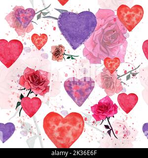 Hand gezeichnet Aquarell Valentines nahtlose Muster mit farbigen Herzen und rosa roses.Valentines Tag, Hochzeit, Geburtstag Muster Stockfoto