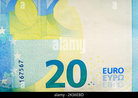 Fragment von zwanzig Euro-Rechnung. 20 Euro Banknote. Der Euro ist die offizielle Währung der Europäischen Union Stockfoto