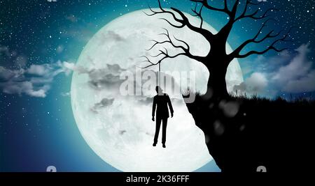 Silhouette des Menschen Selbstmord durch hängen sich am Baum in der Nacht mit Vollmond. Selbstmordkonzept festlegen. Stockfoto