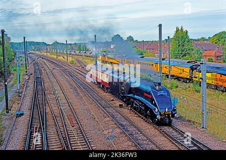 A4 Pacific No 4498 Sir Nigel Gresley in Holgate Sidings, York, England Stockfoto